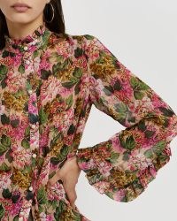 REIVER ISLAND PINK FLORAL FRILL DETAIL SHIRT ~ women’s ruffle trim shirts ~ romantic style blouses