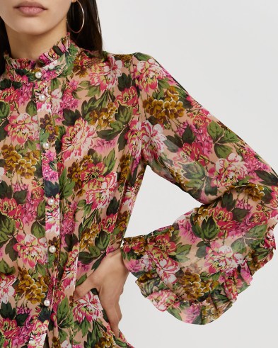 REIVER ISLAND PINK FLORAL FRILL DETAIL SHIRT ~ women’s ruffle trim shirts ~ romantic style blouses