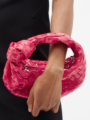 BOTTEGA VENETA Jodie Intrecciato pink patent-leather clutch / small woven handbags / luxe evening bags - flipped