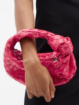 BOTTEGA VENETA Jodie Intrecciato pink patent-leather clutch / small woven handbags / luxe evening bags