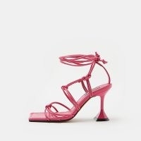 RIVER ISLAND PINK LEATHER KNOTTED TIE UP HEELED SANDALS ~ strappy ankle wrap square toe sandal ~ martini glass flared heel ~ glam knot detail party heels