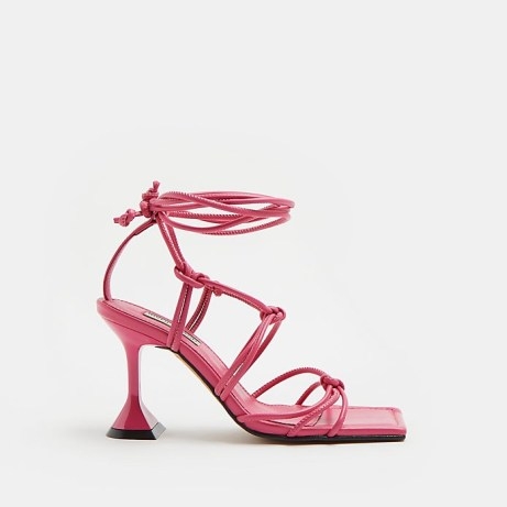 RIVER ISLAND PINK LEATHER KNOTTED TIE UP HEELED SANDALS ~ strappy ankle wrap square toe sandal ~ martini glass flared heel ~ glam knot detail party heels - flipped