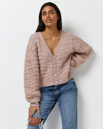 River Island PINK MARL RIPPLE STITCHED CARDIGAN | drop shoulder V-neck button front cardigans | womens on-trend relaxed fit knitwear - flipped