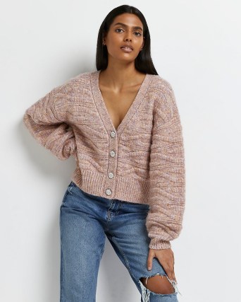 River Island PINK MARL RIPPLE STITCHED CARDIGAN | drop shoulder V-neck button front cardigans | womens on-trend relaxed fit knitwear
