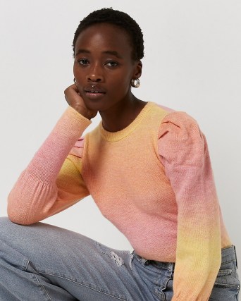 RIVER ISLAND PINK OMBRE JUMPER ~ round neck long puff sleeve jumpers - flipped