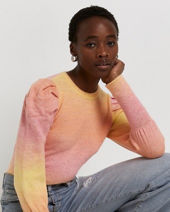 RIVER ISLAND PINK OMBRE JUMPER ~ round neck long puff sleeve jumpers