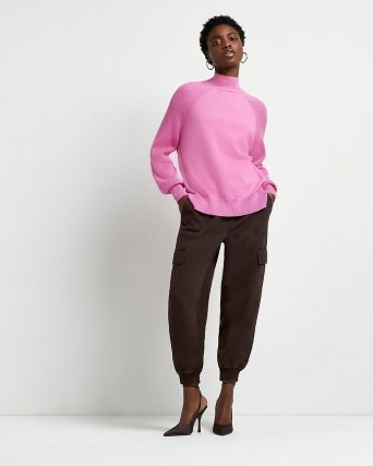 River Island PINK RIBBED JUMPER | womens bubblegum pink high neck jumpers - flipped