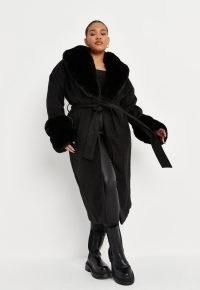 MISSGUIDED plus size black faux fur trim longline belted coat ~ womens tie waist winter coats