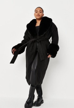 MISSGUIDED plus size black faux fur trim longline belted coat ~ womens tie waist winter coats - flipped