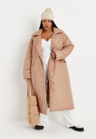 MISSGUIDED plus size camel belted padded longline maxi coat ~ womens on-trend light brown winter coats - flipped