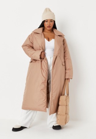 MISSGUIDED plus size camel belted padded longline maxi coat ~ womens on-trend light brown winter coats