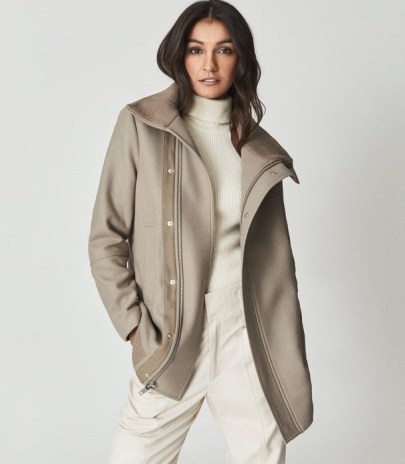 REISS POPPY WOOL BLEND TWILL COAT NEUTRAL / women’s casual high neck coats - flipped