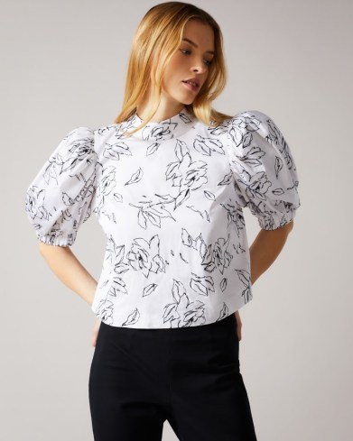 TED BAKER LUULAH Puff Sleeve Tie Back Top in White / high neck volume sleeved floral print tops - flipped