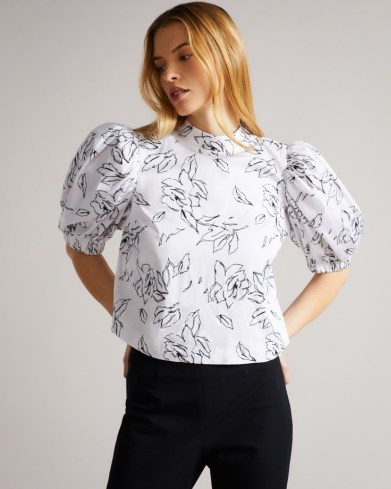 TED BAKER LUULAH Puff Sleeve Tie Back Top in White / high neck volume sleeved floral print tops