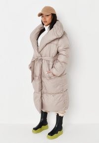 MISSGUIDED recycled plus size brown duvet puffer coat ~ womens padded tie waist winter coats