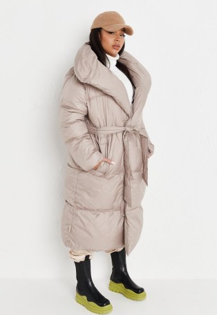 MISSGUIDED recycled plus size brown duvet puffer coat ~ womens padded tie waist winter coats - flipped