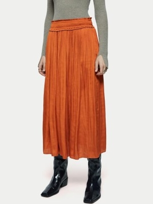 JIGSAW Recycled Satin Smocked Skirt Orange