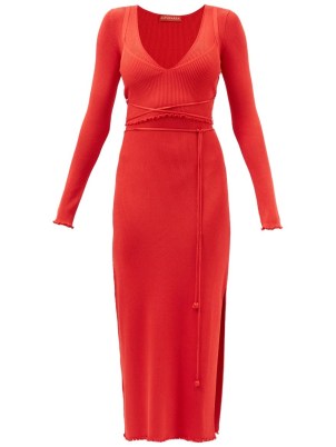ALTUZARRA Damali scoop-neck ribbed-stretch jersey midi dress in red – long sleeve wraparound tie waist dresses