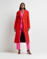 RIVER ISLAND RED DOUBLE BREASTED BELTED TRENCH COAT ~ womens longline belted tie waist coats ~ women’s bright coloured on-trend outerwear