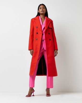 RIVER ISLAND RED DOUBLE BREASTED BELTED TRENCH COAT ~ womens longline belted tie waist coats ~ women’s bright coloured on-trend outerwear - flipped