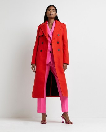 RIVER ISLAND RED DOUBLE BREASTED BELTED TRENCH COAT ~ womens longline belted tie waist coats ~ women’s bright coloured on-trend outerwear