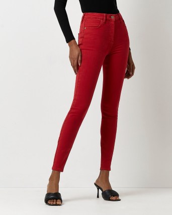 River Island RED HIGH WAISTED BUM SCULPT SKINNY JEANS | bright denim skinnies - flipped