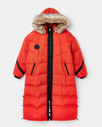 RIVER ISLAND RED LONGLINE PUFFER COAT / women’s faux fur trim hood winter coats / womens hooded outerwear - flipped