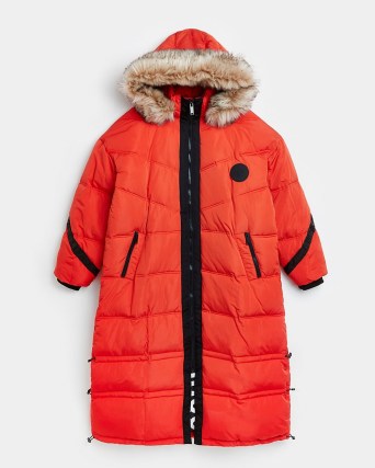 RIVER ISLAND RED LONGLINE PUFFER COAT / women’s faux fur trim hood winter coats / womens hooded outerwear