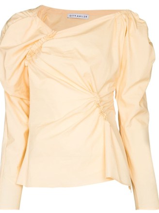 Rejina Pyo Cassie asymmetric-neck blouse in pale yellow ~ organic cotton gathered detail blouses - flipped