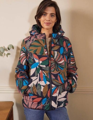 Boden Reversible Puffer Jacket Navy, Tropic Palm / womens padded leaf print jackets - flipped