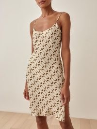 Reformation Rhea Dress in Frequency | printed split hem silk slip dresses | silky cami strap fashion | side slit hem