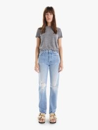MOTHER DENIM THE HUFFY SKIMP Rope’s End | womens distressed light blue wash jeans | button fly | relaxed high rise waist | ripped knees