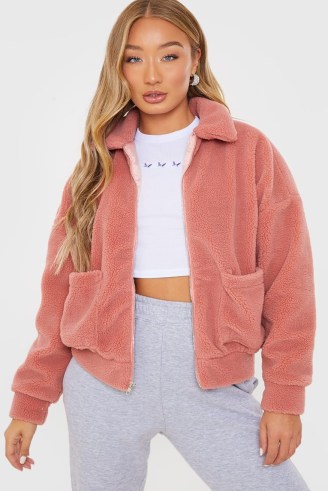 IN THE STYLE ROSE TEDDY FUR BOMBER JACKET ~ womens pink textured casual jackets - flipped