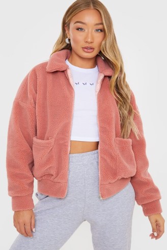 IN THE STYLE ROSE TEDDY FUR BOMBER JACKET ~ womens pink textured casual jackets