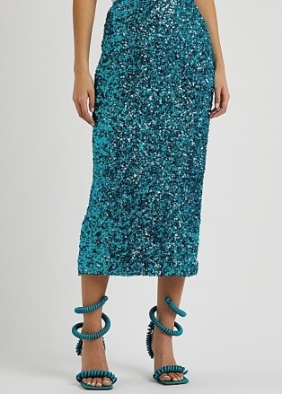 ROTATE BIRGER CHRISTENSEN Tasha blue sequin midi skirt | sparkling sequinned occasion skirts | glittering party fashion - flipped