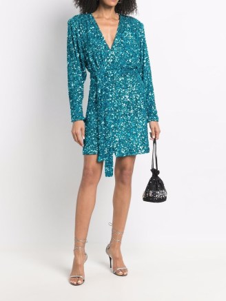 ROTATE sequin-embellished V-neck dress in blue / shimmering designer tie waist party dresses / evening glamour / sparkly occasion fashion - flipped