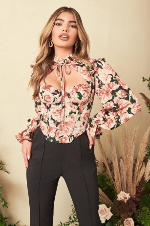 lavish alice ruffled tie neck corset top in dark floral | fitted bodice tops | front cut out fashion - flipped