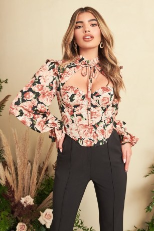 lavish alice ruffled tie neck corset top in dark floral | fitted bodice tops | front cut out fashion