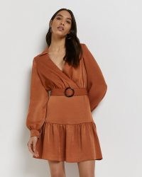 RIVER ISLAND RUST BELTED MINI DRESS ~ orange-brown long sleeve tiered hem dresses