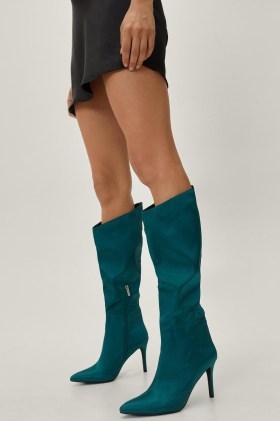 NASTY GAL Satin Asymmetric Knee High Stiletto Boots in Green - flipped