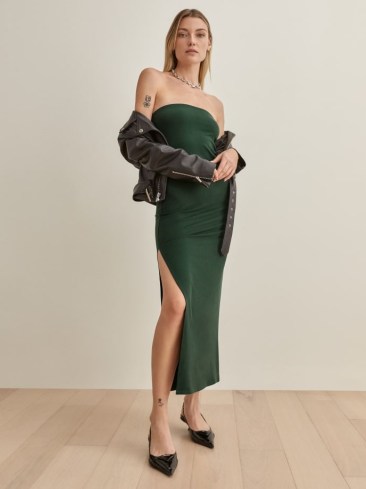 REFORMATION Scian Dress in Forest ~ green strapless high split hem maxi dresses ~ bandeau style evening fashion - flipped