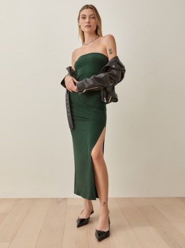 REFORMATION Scian Dress in Forest ~ green strapless high split hem maxi dresses ~ bandeau style evening fashion