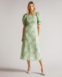 TED BAKER GUITAZ Seersucker Check Midi Dress Bright Green / checked empire waist puff sleeve dresses