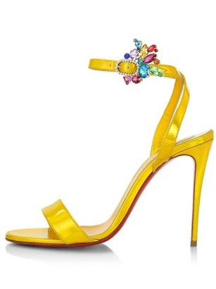 Karli Kloss yellow ankle strap high heels, Christian Louboutin Goldie Joli Leather Embellished Sandals, photoshoot for WSJ. Magazine December / January 2021.2022 issue, 7 December 2021 | footwear worn for celebrity photoshoots - flipped
