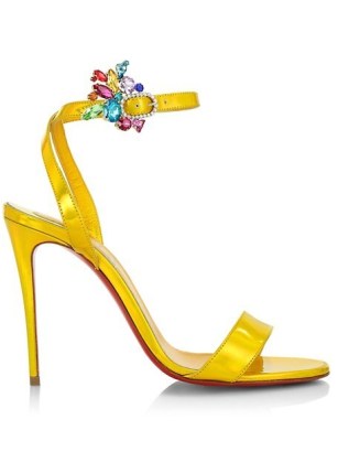 Karli Kloss yellow ankle strap high heels, Christian Louboutin Goldie Joli Leather Embellished Sandals, photoshoot for WSJ. Magazine December / January 2021.2022 issue, 7 December 2021 | footwear worn for celebrity photoshoots