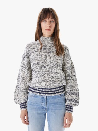 MOTHER DENIM THE MOCK NECK JUMPER CROP in Shore Break | womens turtle neck balloon sleeve jumpers | women’s high neckline bell sleeved sweaters | white, grey and navy blue knits - flipped