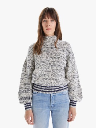 MOTHER DENIM THE MOCK NECK JUMPER CROP in Shore Break | womens turtle neck balloon sleeve jumpers | women’s high neckline bell sleeved sweaters | white, grey and navy blue knits