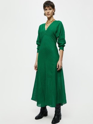 JIGSAW Silk Linen Checked Midi Dress in Green ~ V-neck volume sleeve bias cut dresses