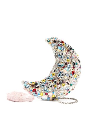 JUDITH LEIBER Crescent Moon Eclipse silver crystal-embellished clutch / luxe celestial evening bags / multicoloured crystals / luxury party accessories - flipped