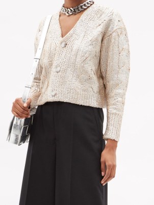 STELLA MCCARTNEY Metallic cable-knit cotton-blend cardigan in silver ~ luxe cardigans ~ womens designer knitwear - flipped
